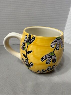 Vintage Potter’s Studio Boho Ceramic Mug Cup Yellow Floral Pattern Hand Painted